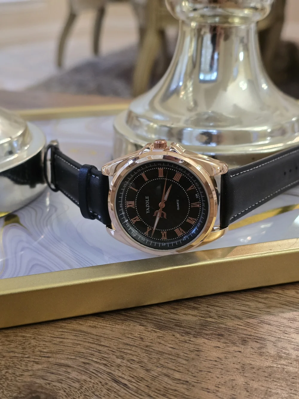 Yazole Men's Black Dial Rose Gold Case Leather Strap Watch